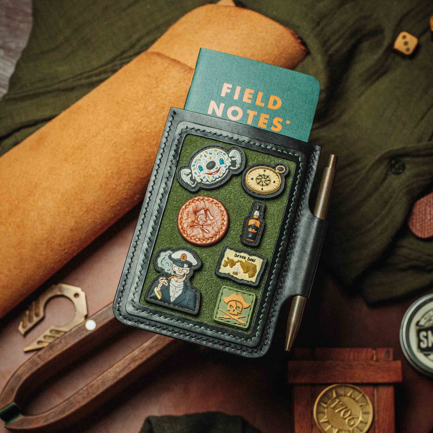 Velcro Journal Cover - Helmsman | Leather Field Notes Holder | Patch Display Pirate Goods