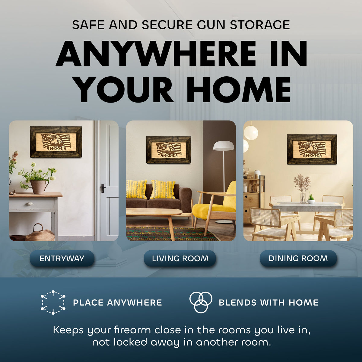 An ad for concealed gun storage shown mounted in an entryway, living room, and dining room.