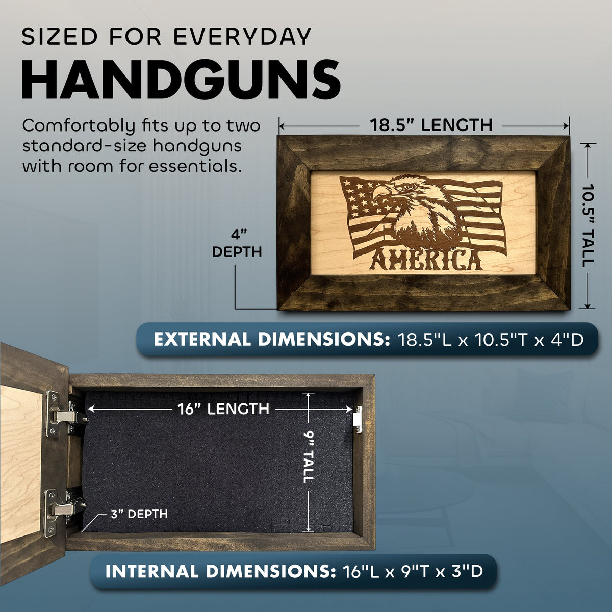 Wooden wall-mounted concealment case with an American flag and eagle carving, showing internal dimensions.