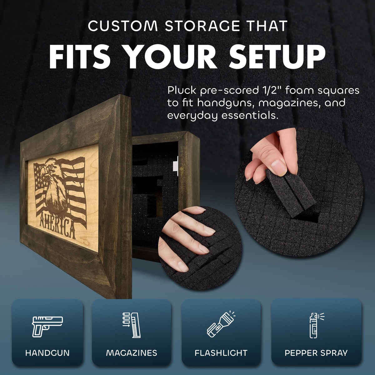 Dark wood wall safe with an American eagle panel, featuring customizable black foam insert.