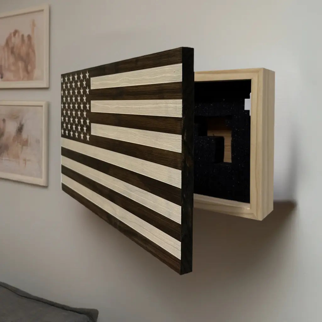 American Flag Decorative & Secure Wall-Mounted Gun Cabinet (Dark Walnut) Bellewood Designs