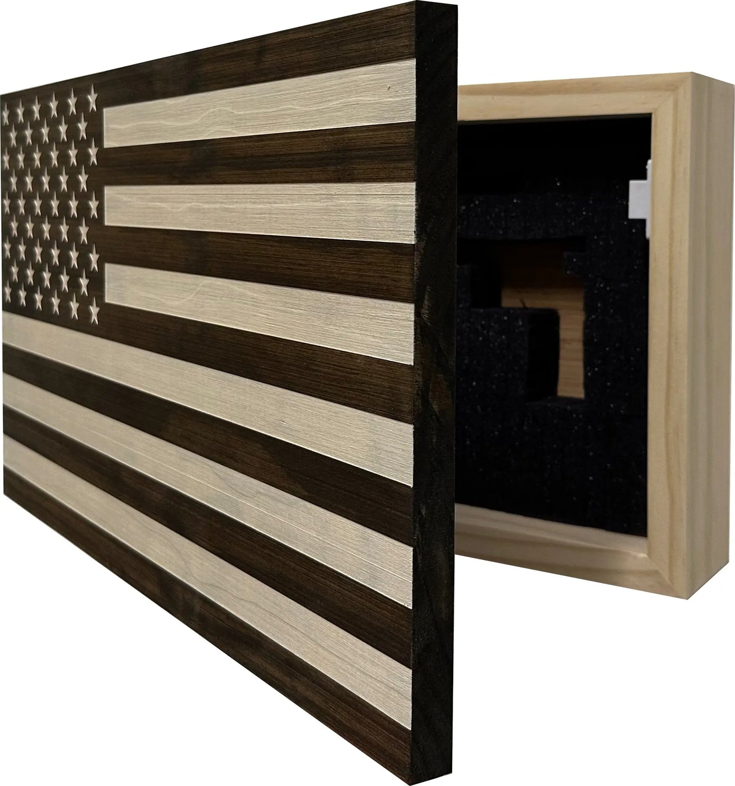 American Flag Decorative & Secure Wall-Mounted Gun Cabinet (Dark Walnut) Bellewood Designs
