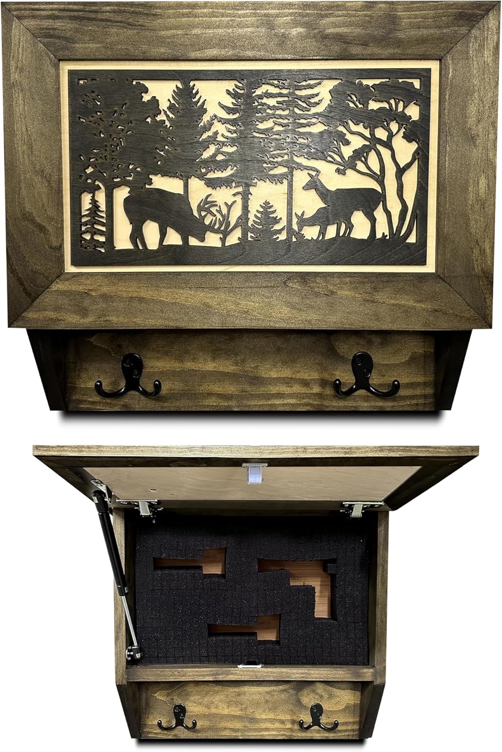Gun Concealment Furniture - Deer Hunter Coat Rack Hidden Wall Safe with Hooks for Coats, Bags, & Hats - Quick Access Hidden Gun Storage - Wood Gun Cabinet with Secure Magnetic Lock Bellewood Designs