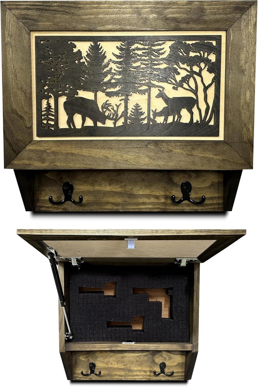Gun Concealment Furniture - Deer Hunter Coat Rack Hidden Wall Safe with Hooks for Coats, Bags, & Hats - Quick Access Hidden Gun Storage - Wood Gun Cabinet with Secure Magnetic Lock Bellewood Designs