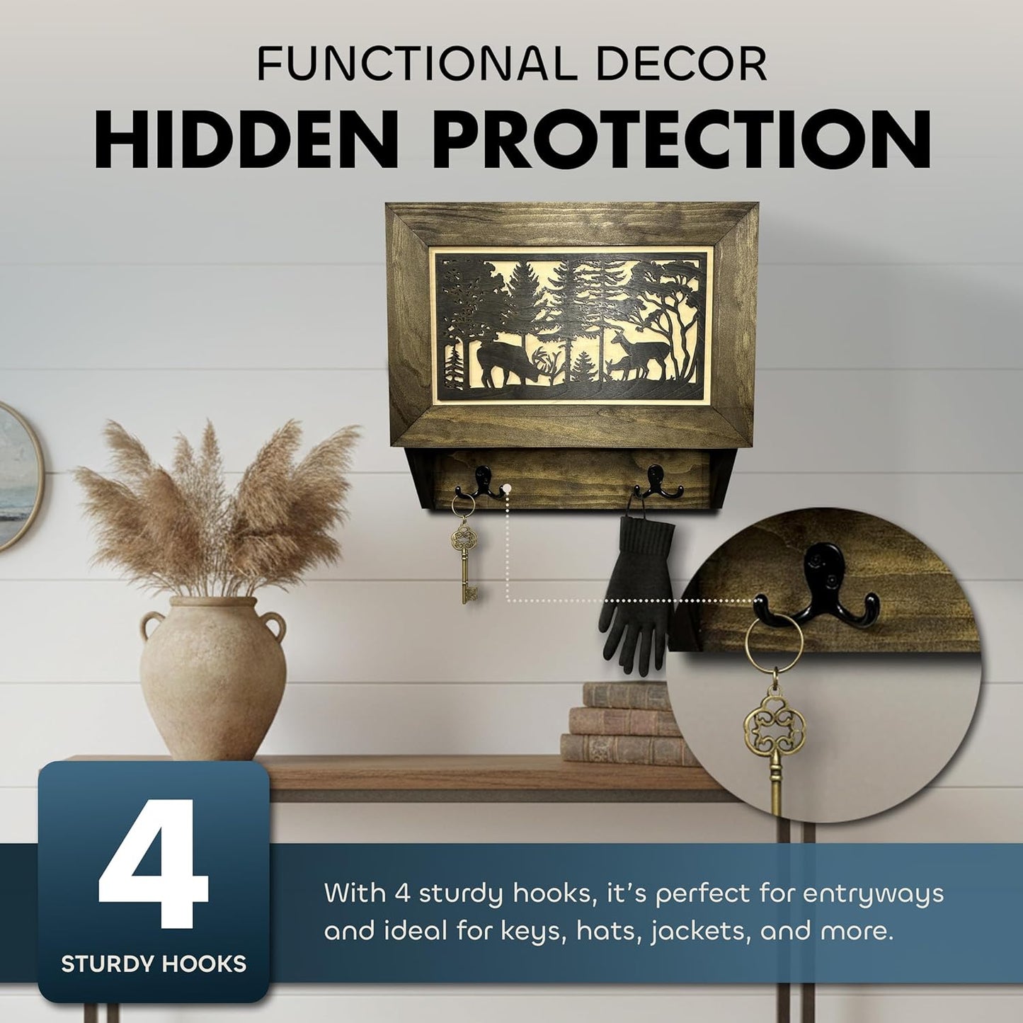 Gun Concealment Furniture - Deer Hunter Coat Rack Hidden Wall Safe with Hooks for Coats, Bags, & Hats - Quick Access Hidden Gun Storage - Wood Gun Cabinet with Secure Magnetic Lock Bellewood Designs
