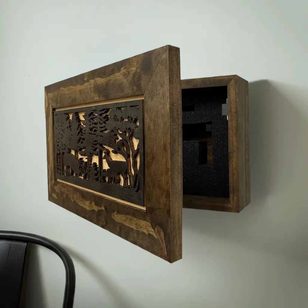 Hidden Gun Safe - Deer Scene Wall Gun Cabinet - Hidden Wall Storage - Wood Gun Cabinet - Handcrafted Gun Concealment Furniture - Hidden Gun Storage by Bellewood Designs Bellewood Designs