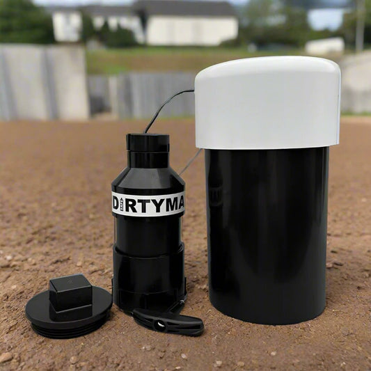 Black plastic gold panning kit with "DIRTYMA" bottle, white-capped canister, cap, and pull-tab tool.