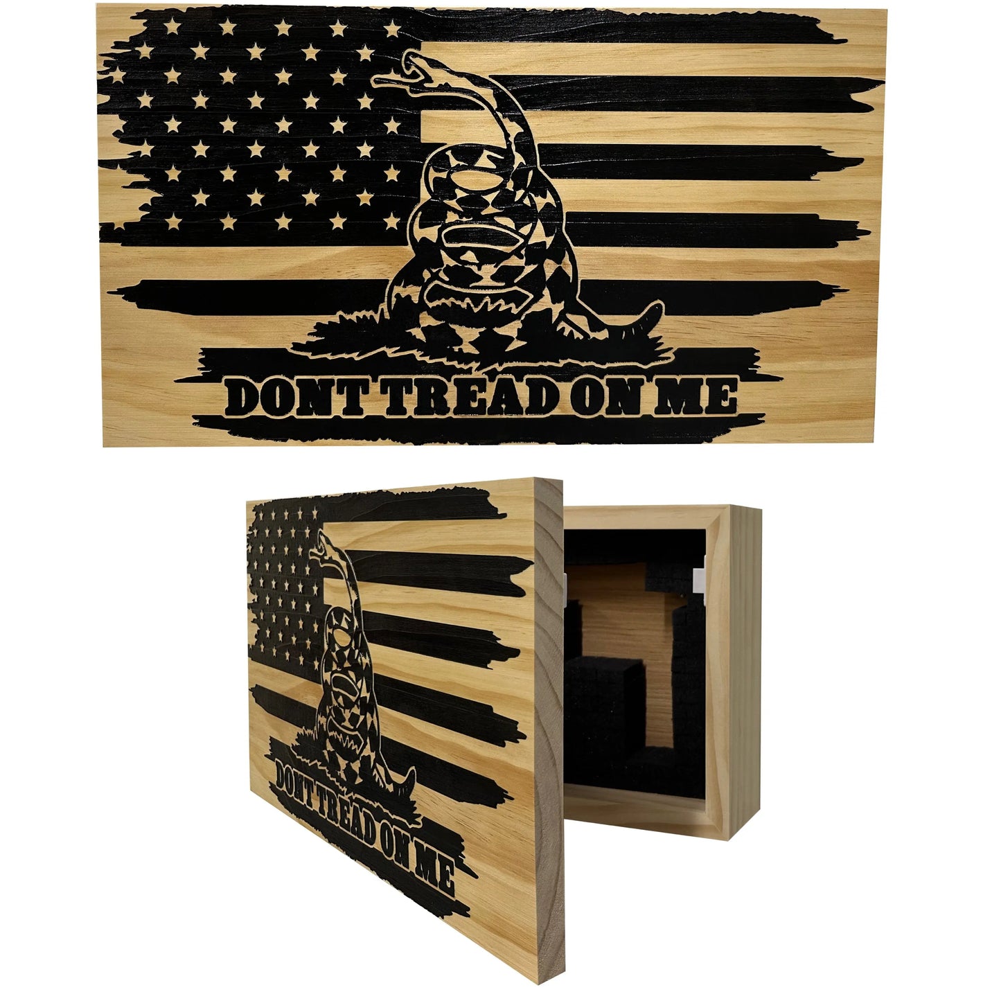 Dont Tread On Me Secure Decorative Wall-Mounted Gun Cabinet (Distressed) Bellewood Designs