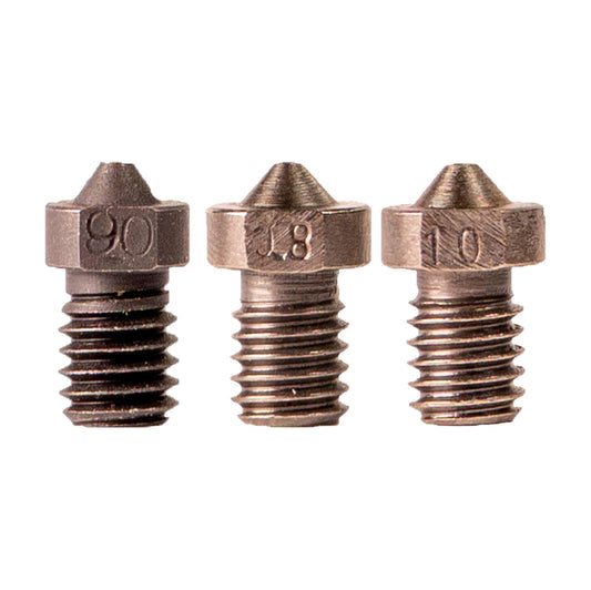 Front view of three hardened steel E3D V6 style nozzles marked 0.6, 0.8, and 1.0mm on a white background