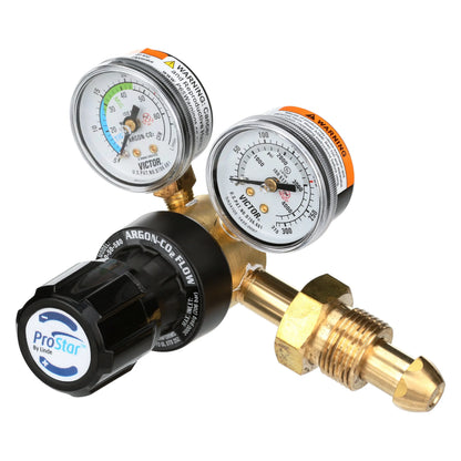 Angled view of argon gas regulator for permanent jewelry welding showcasing dual pressure gauges and brass fitting on white background