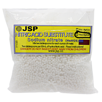 Front view of JSP sodium nitrate nitric acid substitute bag marked 16 ounces with white granules on a white background