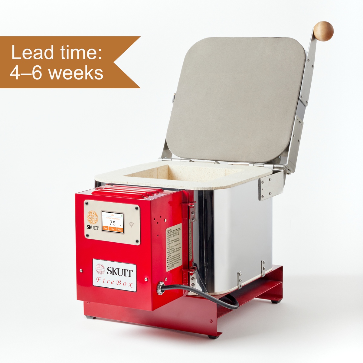Front view of FireX sintering kiln with open insulated chamber and red control panel, showing four to six week lead time