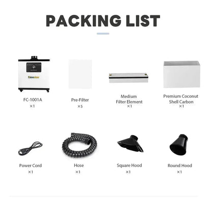 Packing list showing FC-1001A fume extractor, filters, carbon shell, power cord, hose, and square and round hoods