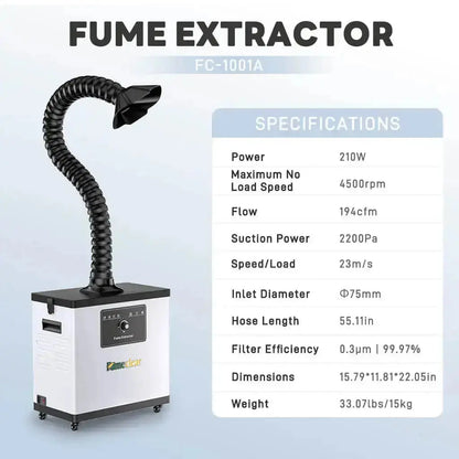 Fume extractor FC-1001A specifications: 210W power, 194 CFM flow, 2200 Pa suction, 99.97% filter efficiency