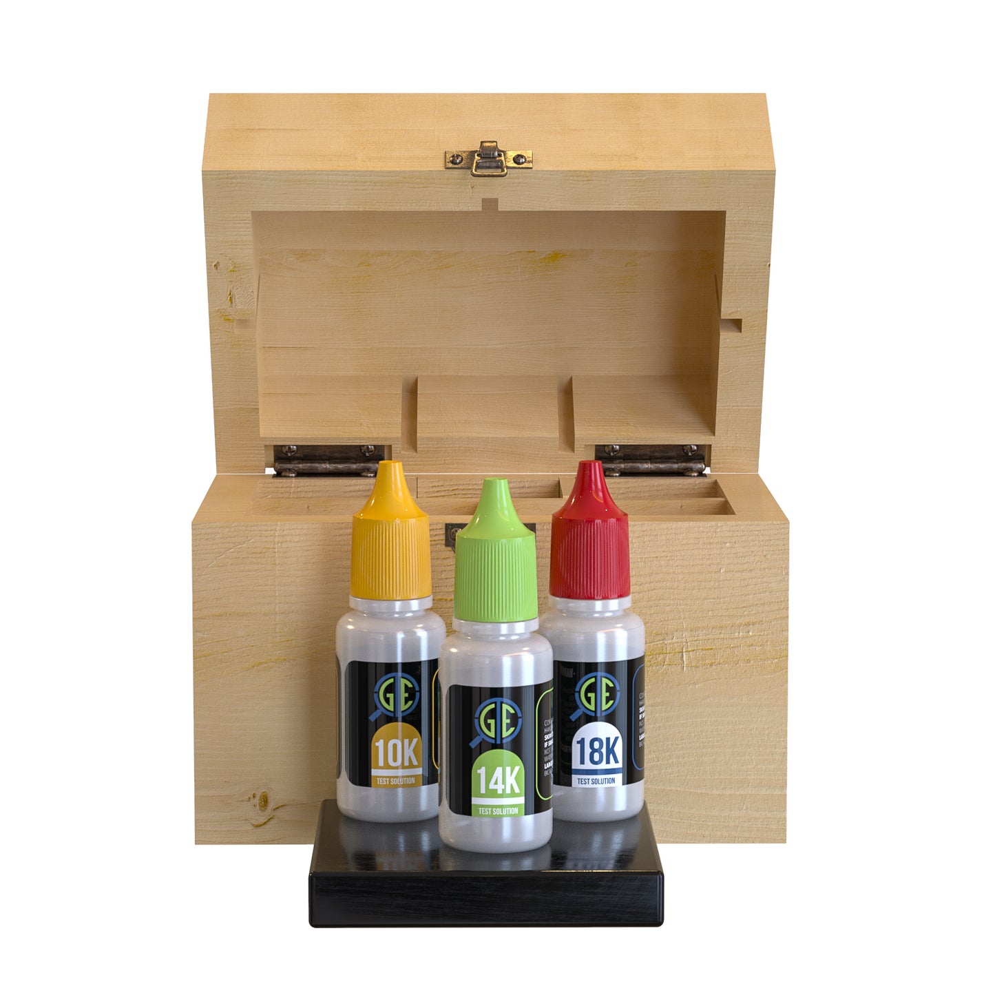 5 Slotted Gold Silver & Platinum Jewelry Test Acid Bottles & Stones Storage Box