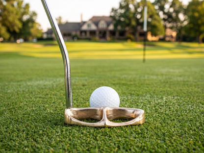 Gold putter head addressing a white golf ball on a green, with a clubhouse in the background.