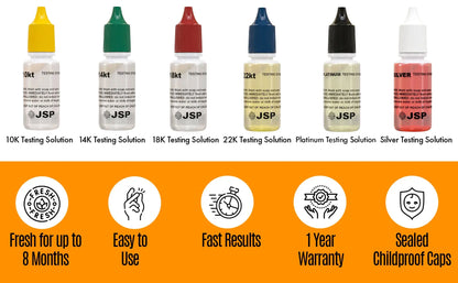 Front view of bottles showcasing 10K to 22K gold, platinum, and silver solutions with fast results and childproof caps
