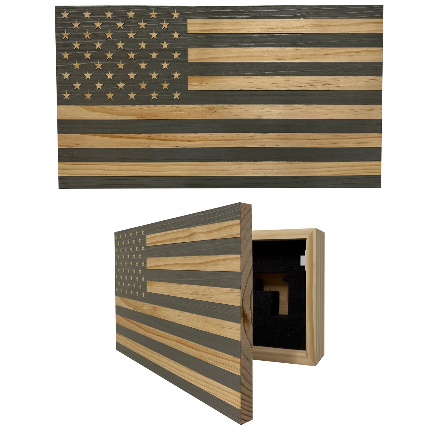 American Flag Decorative & Secure Wall-Mounted Gun Cabinet (Gray) Bellewood Designs