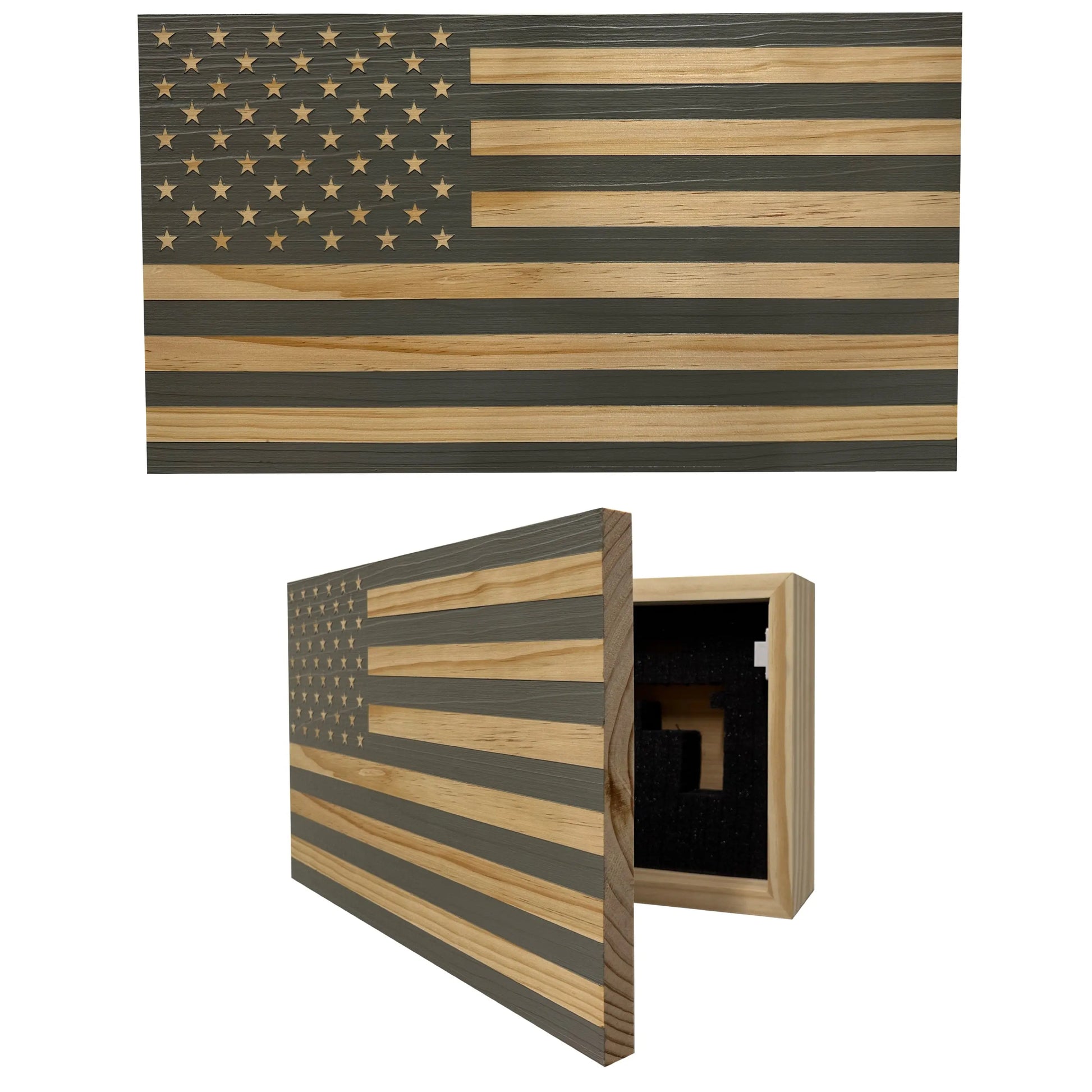 American Flag Decorative & Secure Wall-Mounted Gun Cabinet (Gray) Bellewood Designs