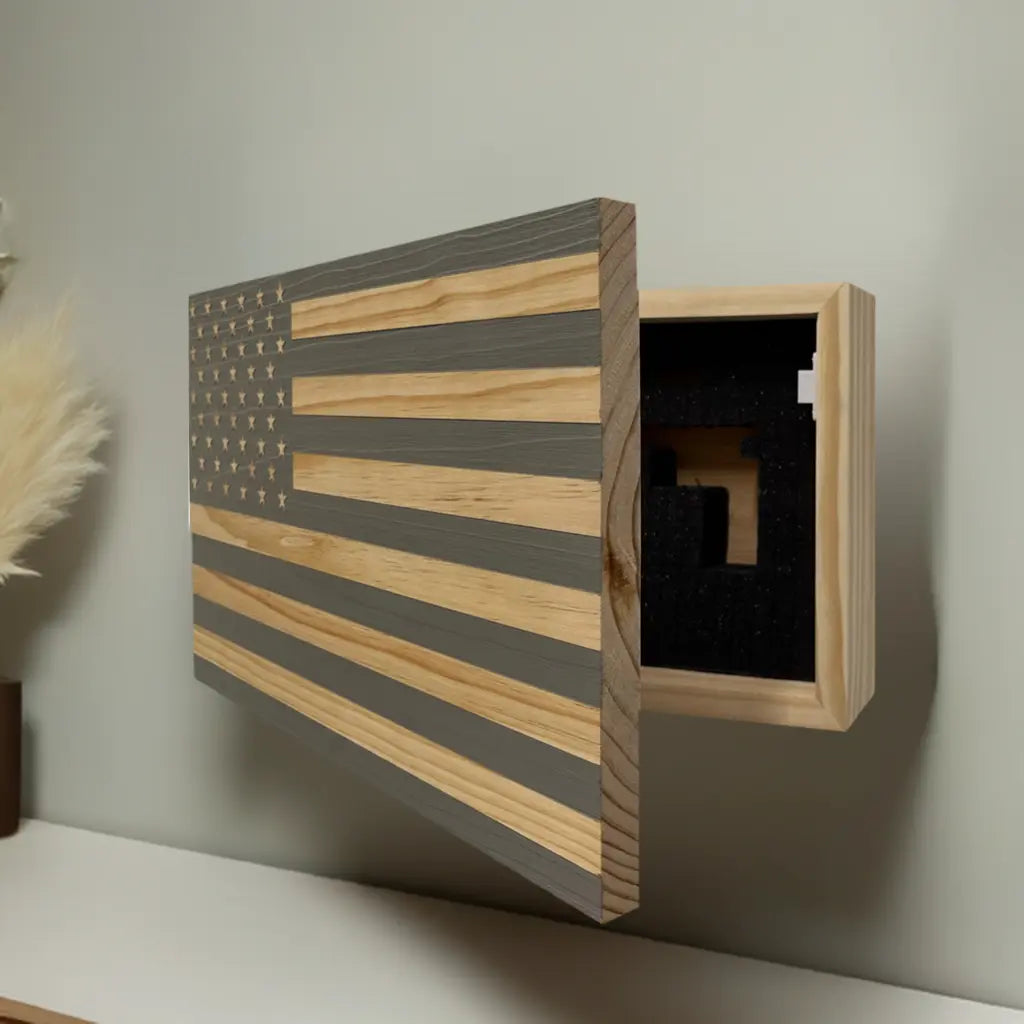 American Flag Decorative & Secure Wall-Mounted Gun Cabinet (Gray) Bellewood Designs
