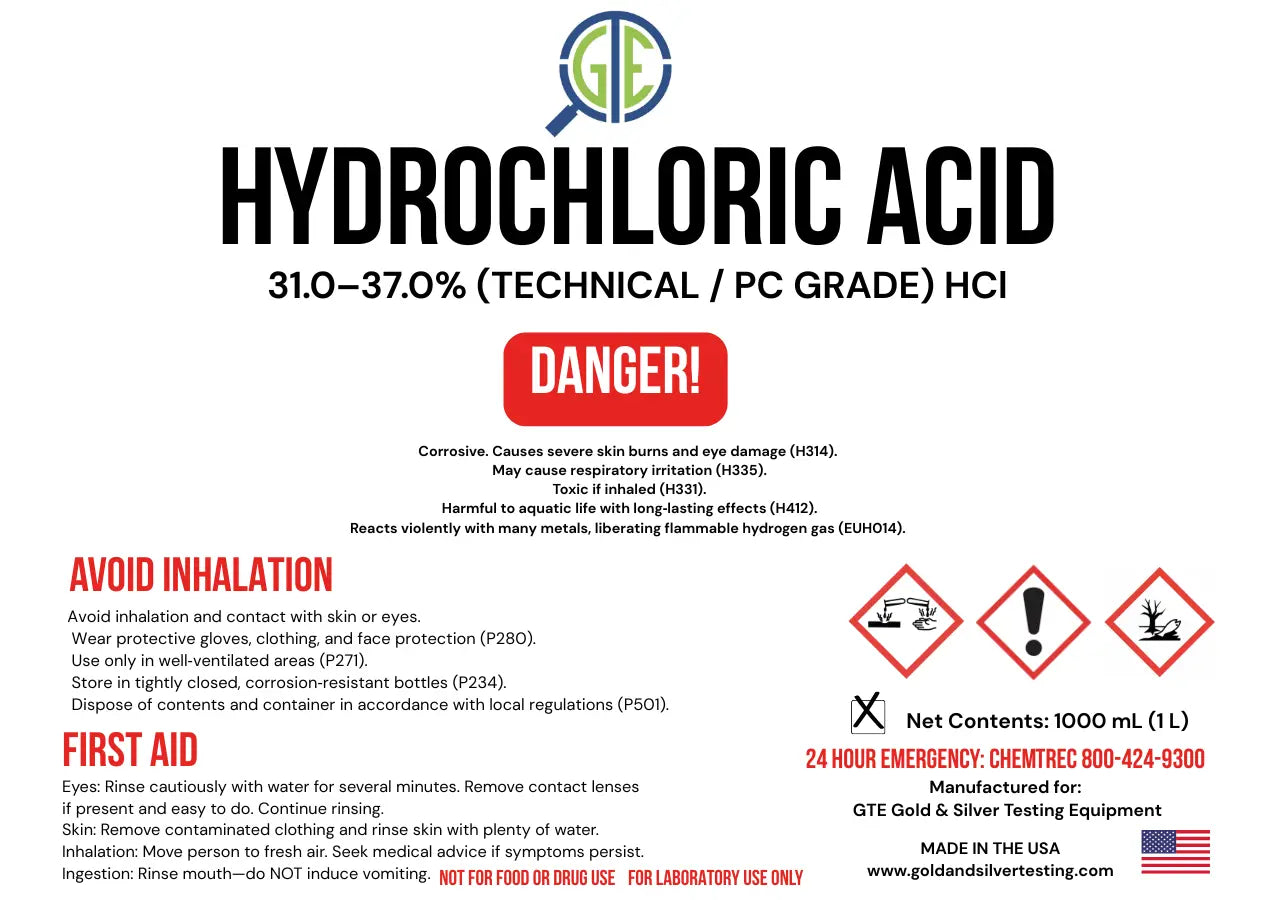 GTE Hydrochloric Acid – 16 oz (31–37%) Premium Technical Grade HCl for Gold Refining & Aqua Regia Use GTE