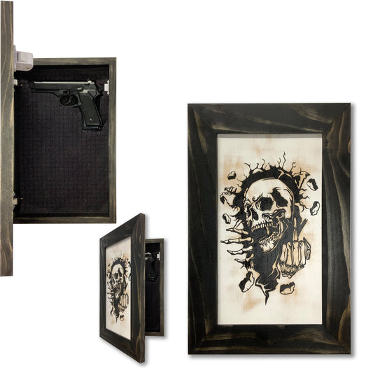 Dark wooden gun concealment wall art featuring a black-and-white skull graphic and a hidden compartment with a handgun.