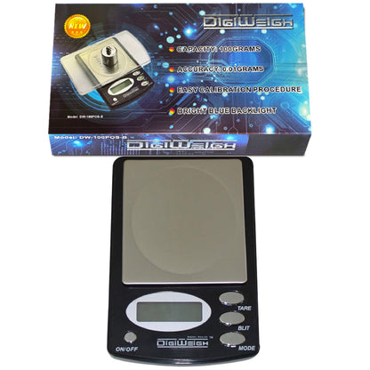Front view of DigiWeigh digital scale showcasing 100 gram capacity and 0.01 gram accuracy with product box on white background
