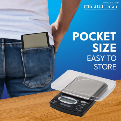Front view of DigiWeigh DW-1000BX digital pocket scale showcasing pocket-size design and easy storage
