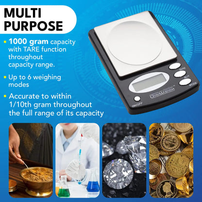 Multi-purpose DigiWeigh scale infographic showing 1000 gram capacity, tare function, six weighing modes and one tenth gram accuracy