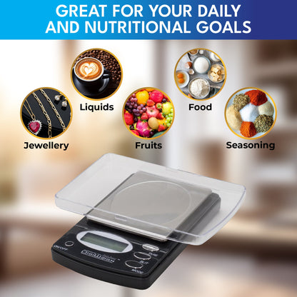 Digital scale with clear tray for jewellery, food, liquids, fruits and seasoning, great for your daily and nutritional goals