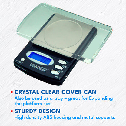 Angled view of digital jewelry scale showcasing crystal clear cover, expandable tray, and sturdy design on white background