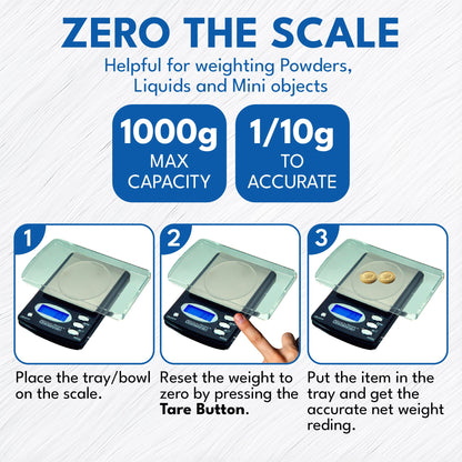 Zero the scale guide showing three weighing steps, 1000 gram capacity, and accuracy to 1/10 gram