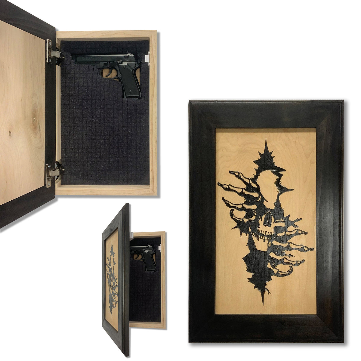 Wooden wall safe with black frame and carved skull art on front door, shown closed and open with a pistol.