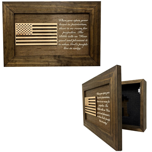 American Flag & Patriotism Decorative & Secure Wall-Mounted Gun Cabinet (Jacobean) Bellewood Designs
