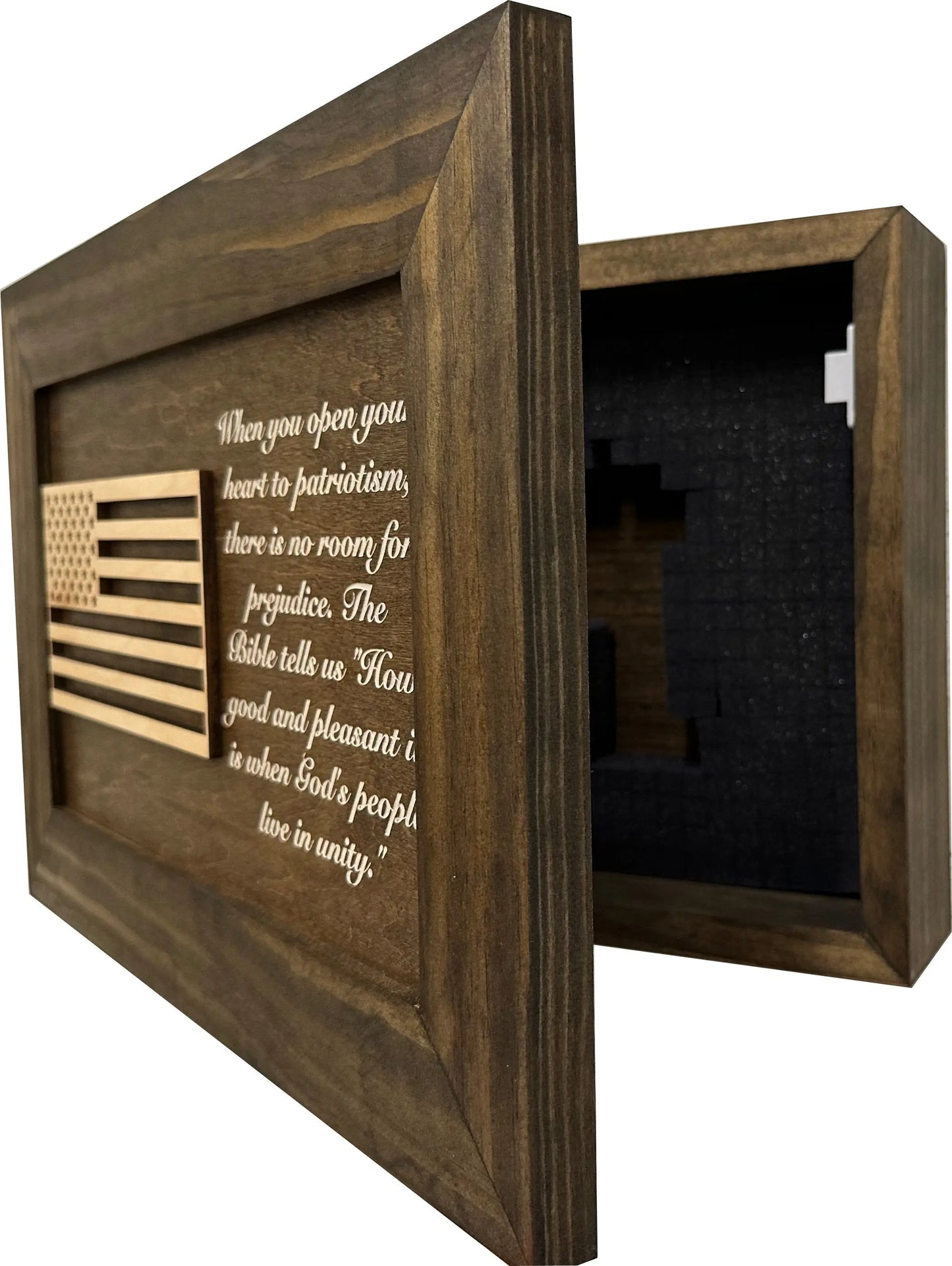 American Flag & Patriotism Decorative & Secure Wall-Mounted Gun Cabinet (Jacobean) Bellewood Designs