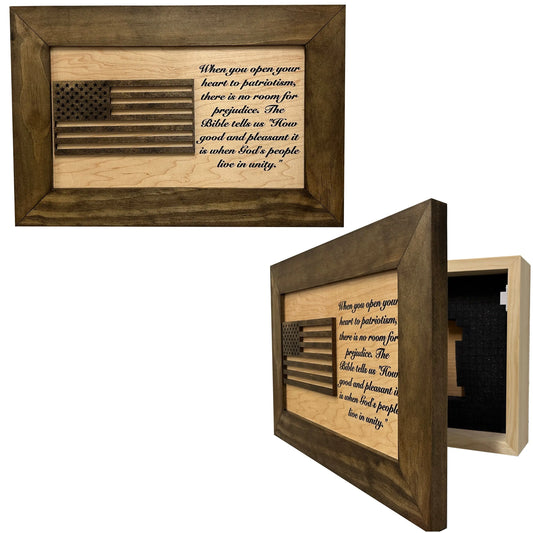 American Flag & Patriotism Decorative & Secure Wall-Mounted Gun Cabinet (Jacobean & Natural) Bellewood Designs