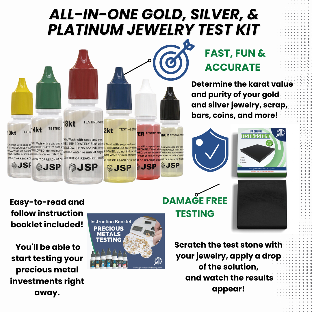 Professional Gold, Silver, Platinum Jewelry Testing Kit with Stone Instructions and Box