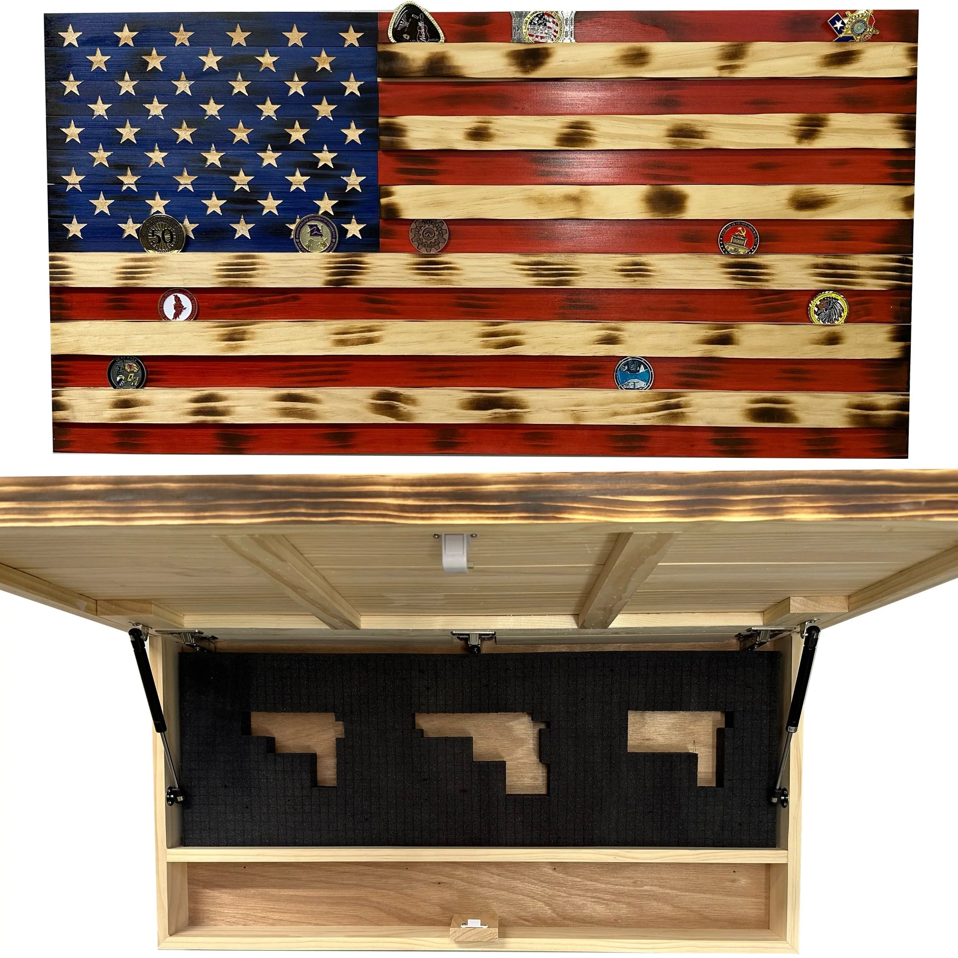 American Flag Challenge Coin Display and Hidden Gun Cabinet, Military Coin Holder Holds 100 Coins and is Ready to Hang, Large US Flag Patriotic Art 38.5" x 19.5" Bellewood Designs