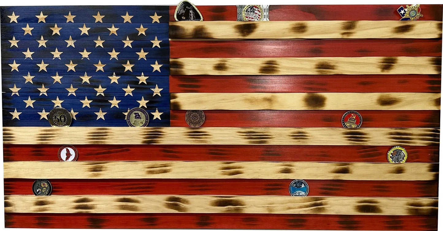 American Flag Challenge Coin Display and Hidden Gun Cabinet, Military Coin Holder Holds 100 Coins and is Ready to Hang, Large US Flag Patriotic Art 38.5" x 19.5" Bellewood Designs