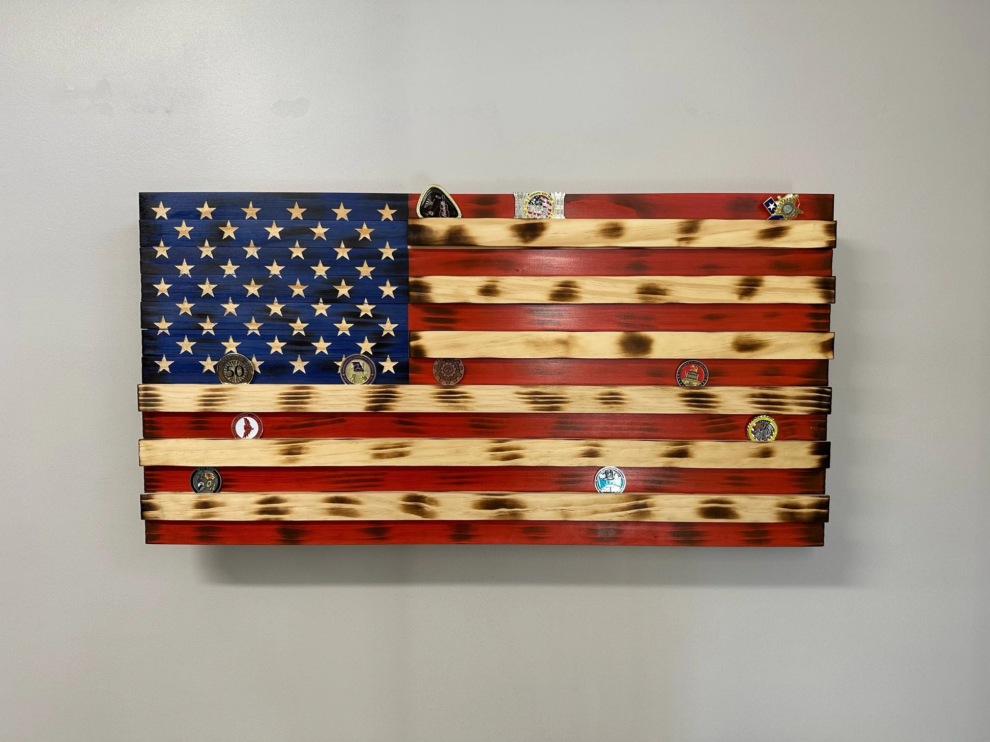 American Flag Challenge Coin Display and Hidden Gun Cabinet, Military Coin Holder Holds 100 Coins and is Ready to Hang, Large US Flag Patriotic Art 38.5" x 19.5" Bellewood Designs