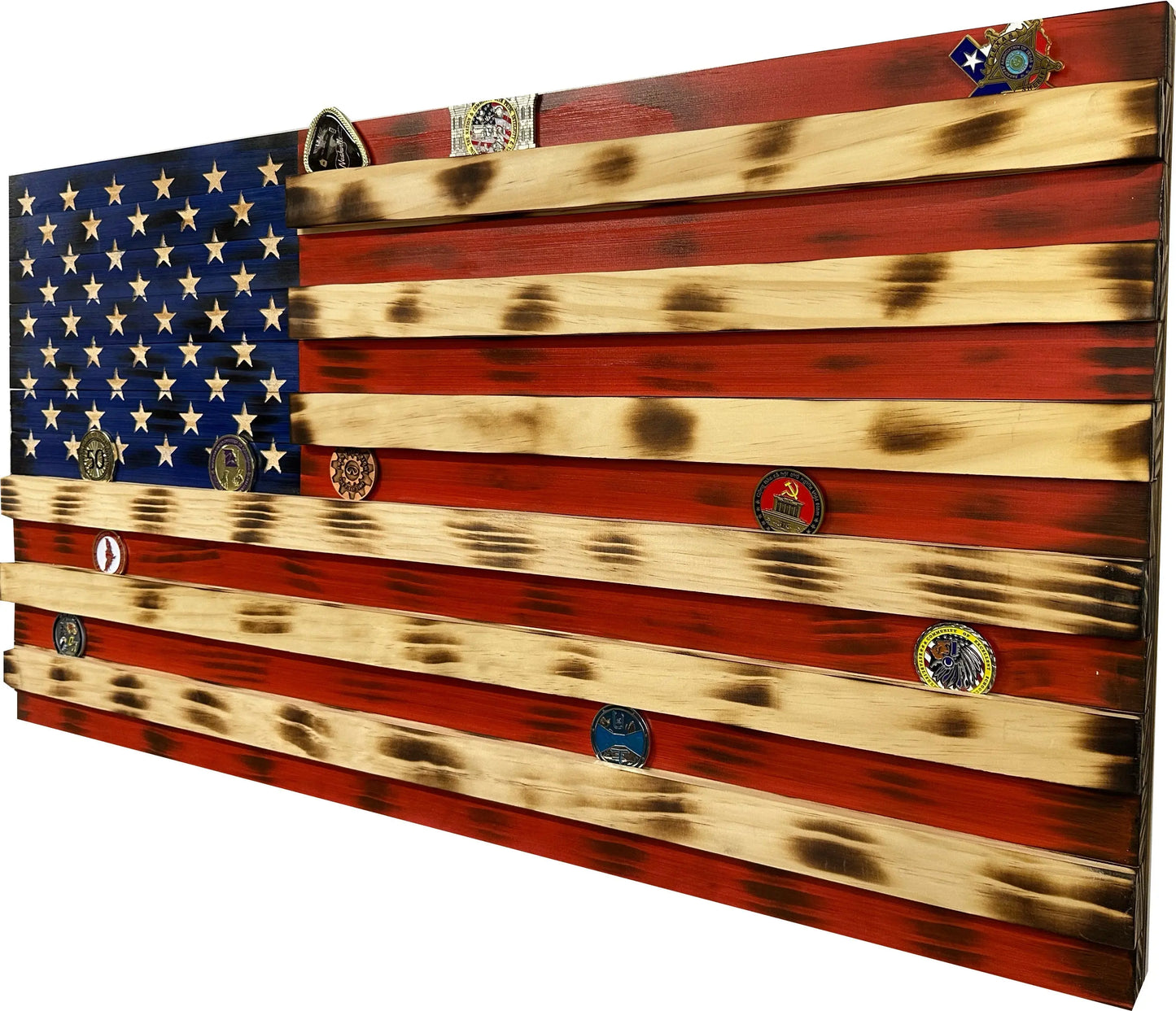 American Flag Challenge Coin Display and Hidden Gun Cabinet, Military Coin Holder Holds 100 Coins and is Ready to Hang, Large US Flag Patriotic Art 38.5" x 19.5" Bellewood Designs