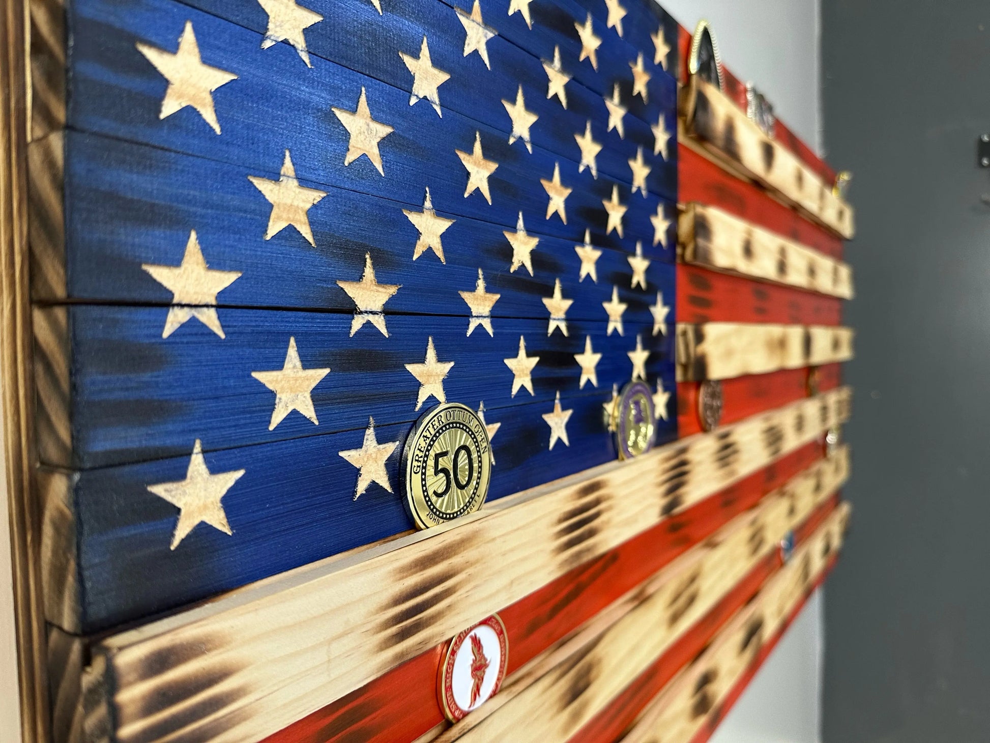 American Flag Challenge Coin Display and Hidden Gun Cabinet, Military Coin Holder Holds 100 Coins and is Ready to Hang, Large US Flag Patriotic Art 38.5" x 19.5" Bellewood Designs