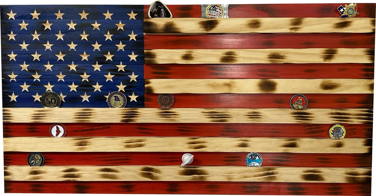 American Flag Challenge Coin Display and Hidden Gun Cabinet, Military Coin Holder Holds 100 Coins and is Ready to Hang, Large US Flag Patriotic Art 38.5" x 19.5" Bellewood Designs