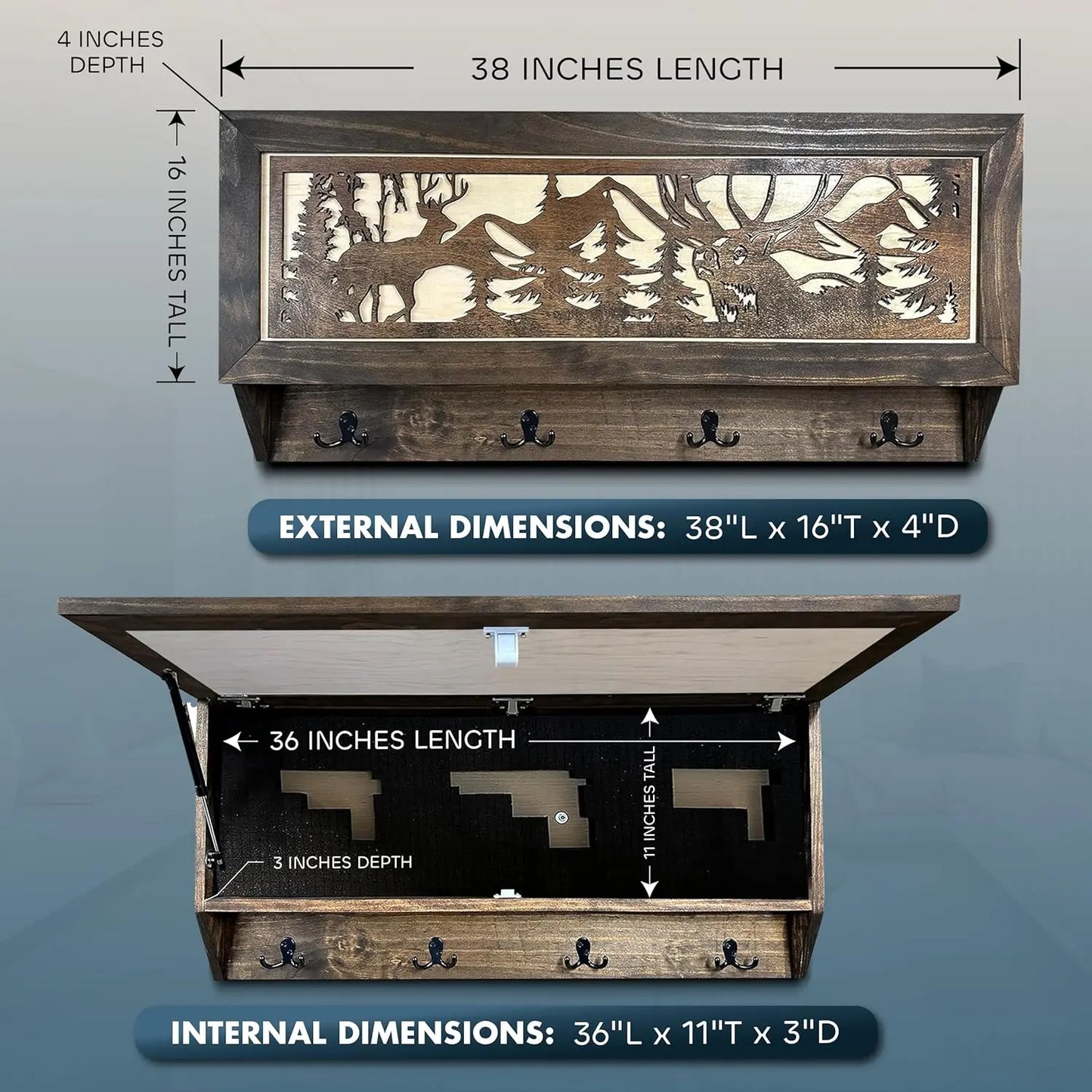 Deer Hunter Hidden Gun Storage - Coat Rack Concealment Shelf with Hooks for Coats, Bags, & Hats - Quick Access Hidden Gun Shelf - Hidden Storage Furniture with Secure Magnetic Lock Bellewood Designs