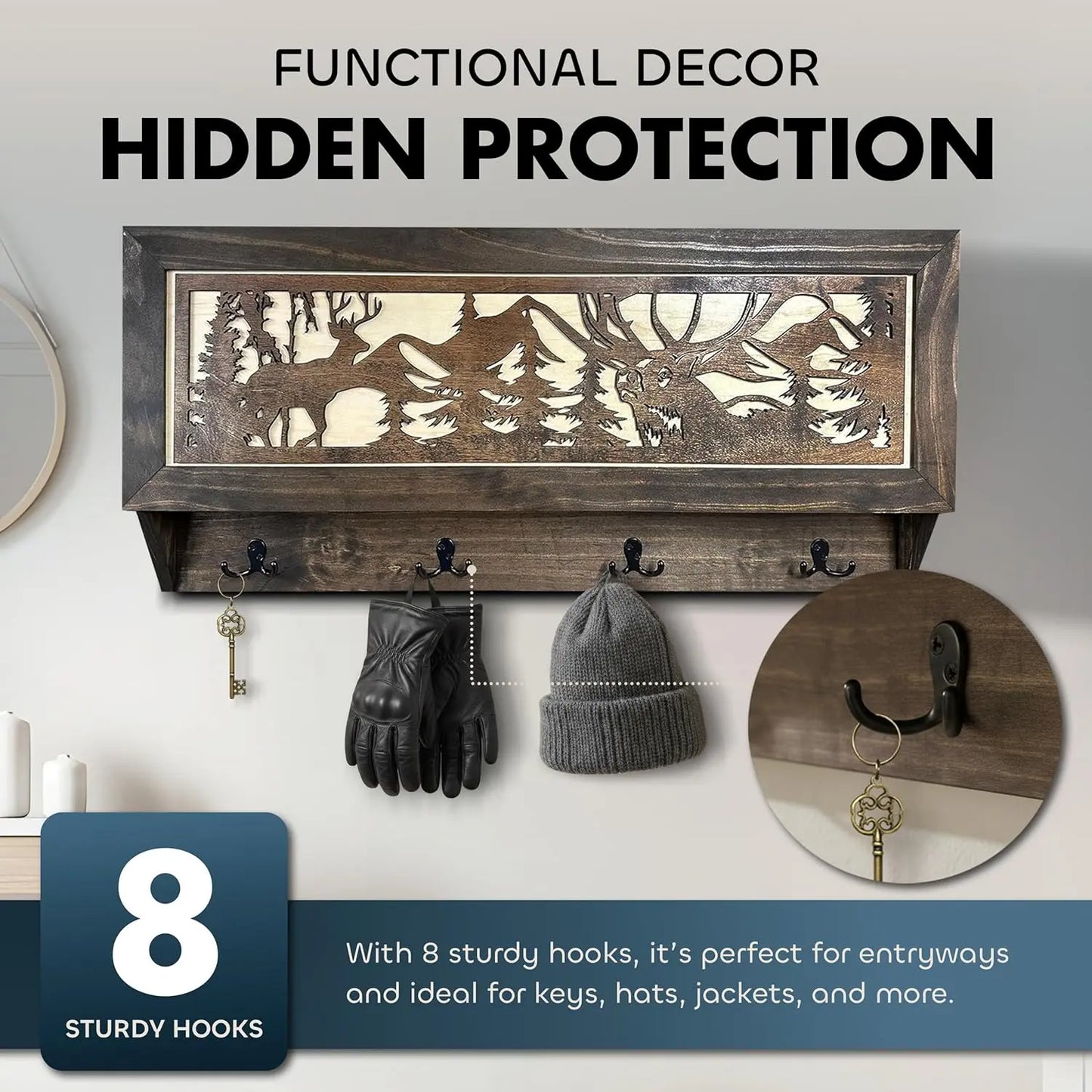 Deer Hunter Hidden Gun Storage - Coat Rack Concealment Shelf with Hooks for Coats, Bags, & Hats - Quick Access Hidden Gun Shelf - Hidden Storage Furniture with Secure Magnetic Lock Bellewood Designs