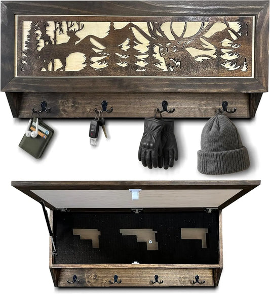 Deer Hunter Hidden Gun Storage - Coat Rack Concealment Shelf with Hooks for Coats, Bags, & Hats - Quick Access Hidden Gun Shelf - Hidden Storage Furniture with Secure Magnetic Lock Bellewood Designs