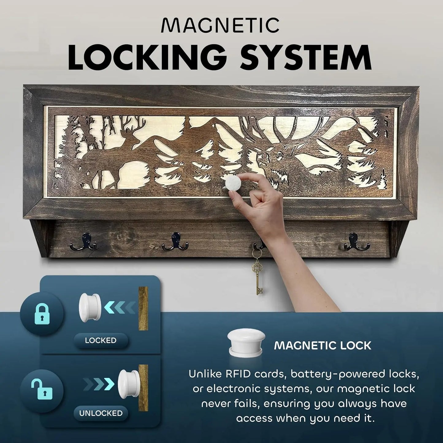 Deer Hunter Hidden Gun Storage - Coat Rack Concealment Shelf with Hooks for Coats, Bags, & Hats - Quick Access Hidden Gun Shelf - Hidden Storage Furniture with Secure Magnetic Lock Bellewood Designs