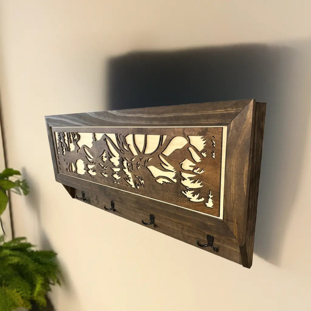 Deer Hunter Hidden Gun Storage - Coat Rack Concealment Shelf with Hooks for Coats, Bags, & Hats - Quick Access Hidden Gun Shelf - Hidden Storage Furniture with Secure Magnetic Lock Bellewood Designs