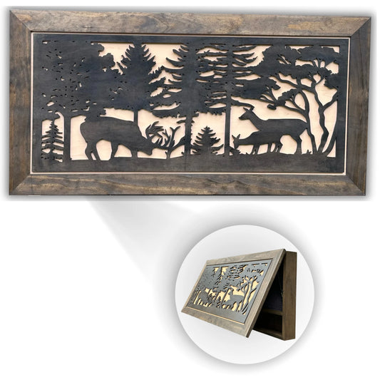 Deer Scene Gun Concealment Decor - Handcrafted Wooden Gun Cabinets - Gun Shelf Hidden Storage for Rifles, Shotguns, & Handguns - Quick Access Hidden Wall Safe (Extra Large) Bellewood Designs