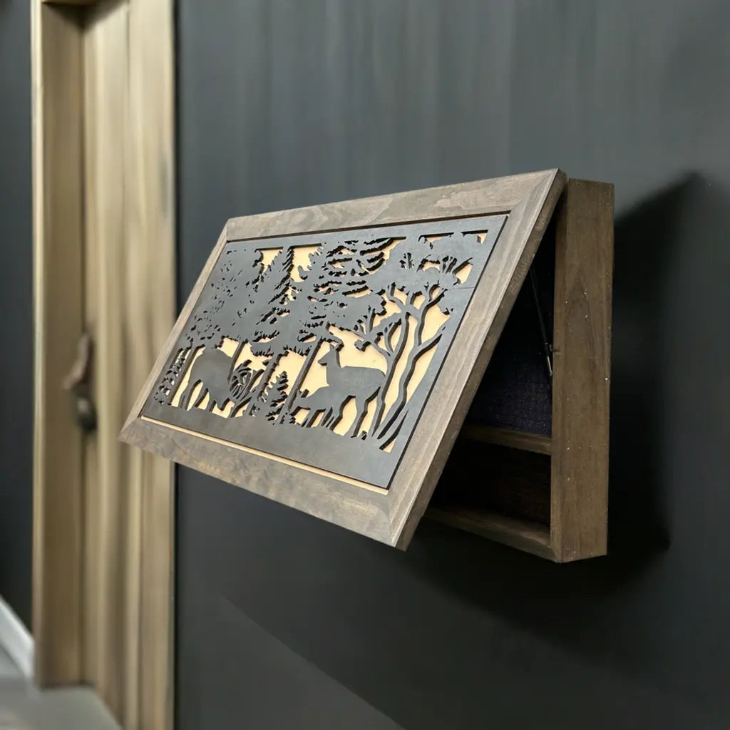 Deer Scene Gun Concealment Decor - Handcrafted Wooden Gun Cabinets - Gun Shelf Hidden Storage for Rifles, Shotguns, & Handguns - Quick Access Hidden Wall Safe (Extra Large) Bellewood Designs